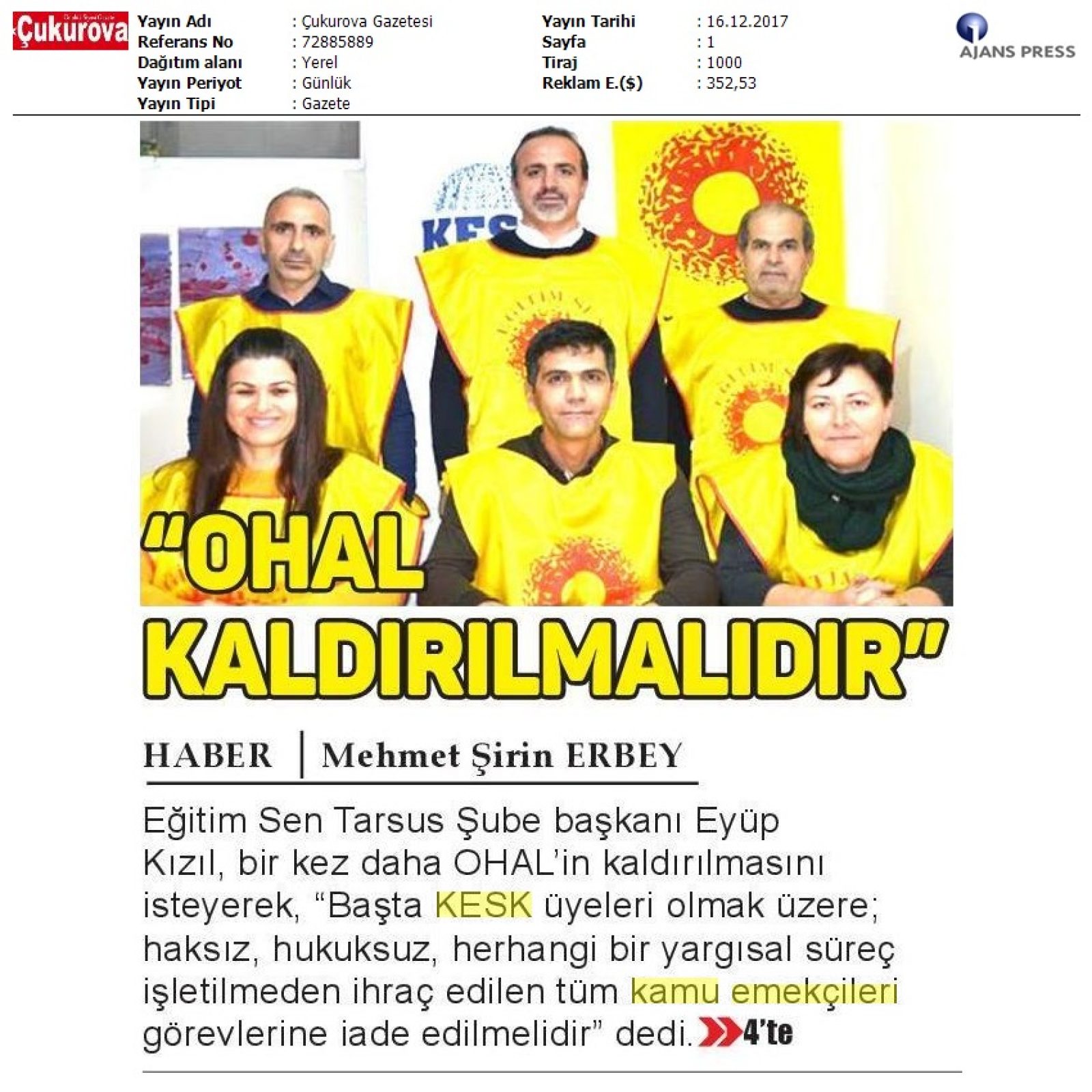 2017_12_16_Äukurova Gazetesi_ Sirin Erbey Egitim Sen Tarsus Sube Baskani EyÅp Kizil, Bir Kez_72885889_(1)